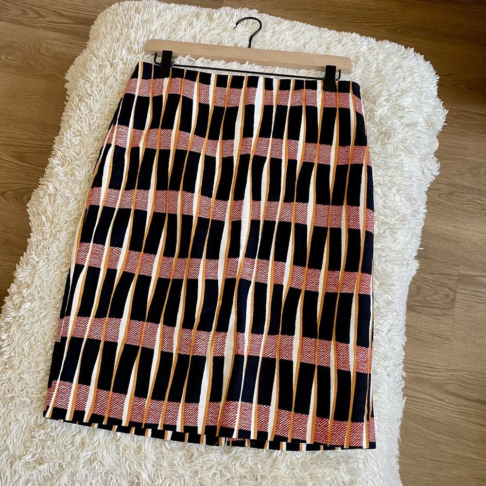 Ann Taylor Factory Geometric Grid Pencil Skirt Size 4 Black Orange White EUC